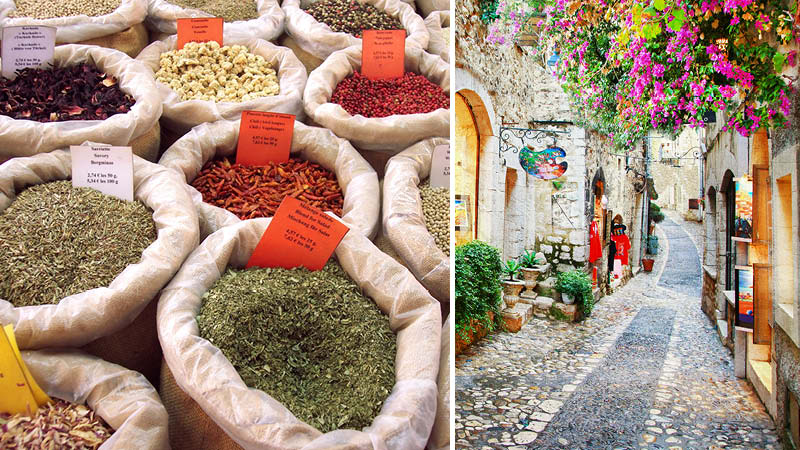 Kryddor på den lokala marknaden i Provence och gamla gator i St Paul de Vence.